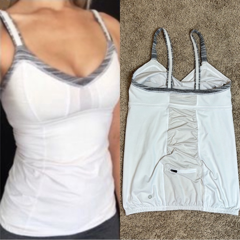 Lululemon white work out tank top with grey black straps, built it bra.